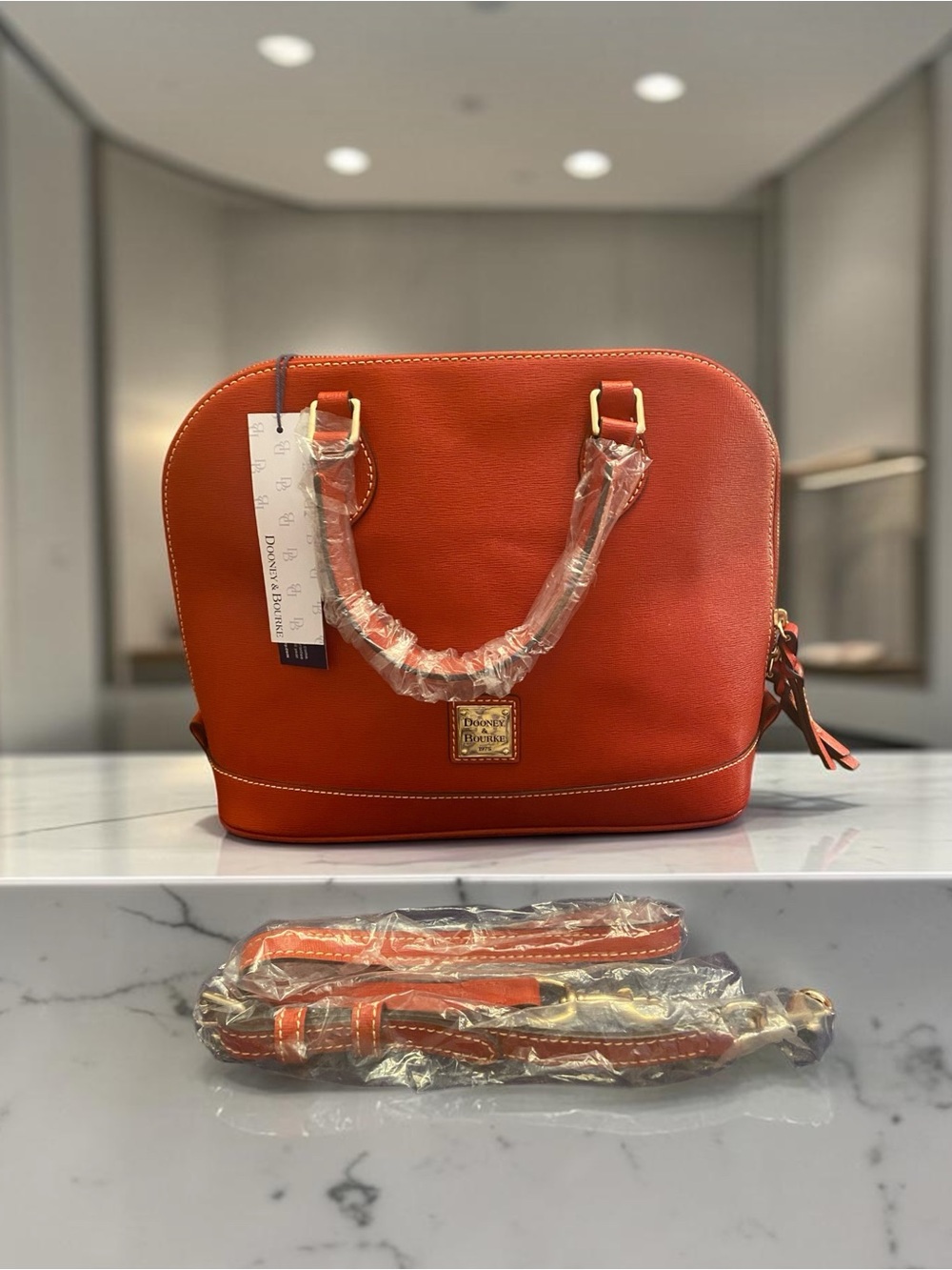 Dooney & Bourke Reddish Orange Pebble Leather Dome Satchel w/Strap & Dustbag NWT